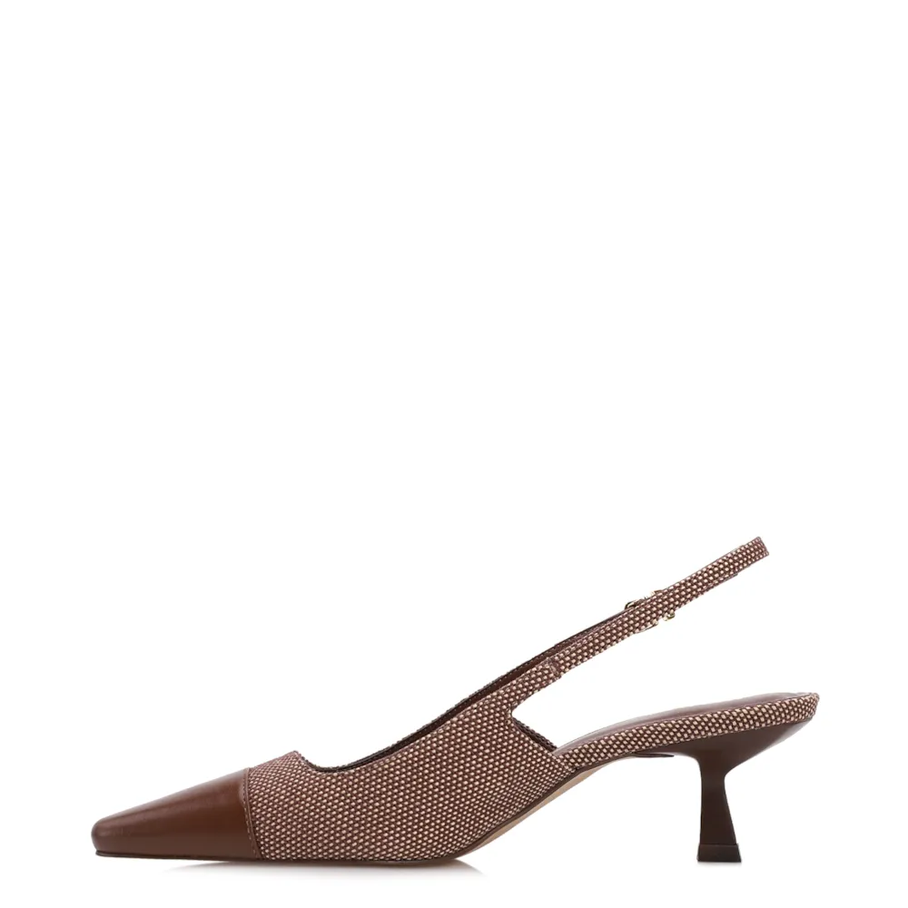 Scarpin Marrom Salto Fino Baixo Ráfia/Couro Slingback - imagem 4