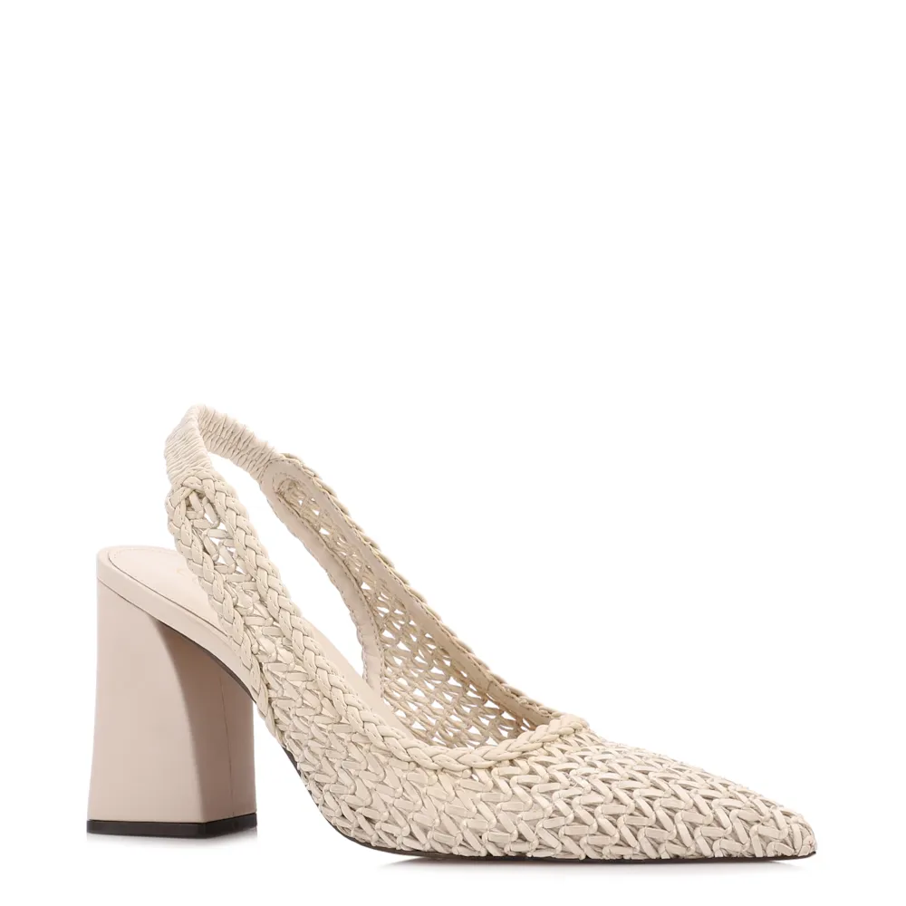 Scarpin Off White Salto Bloco Alto Alt Tramado Slingback