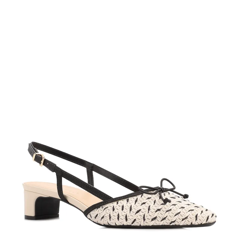 Scarpin Off White Salto Bloco Baixo Alt Ráfia Slingback Bicolor Laço