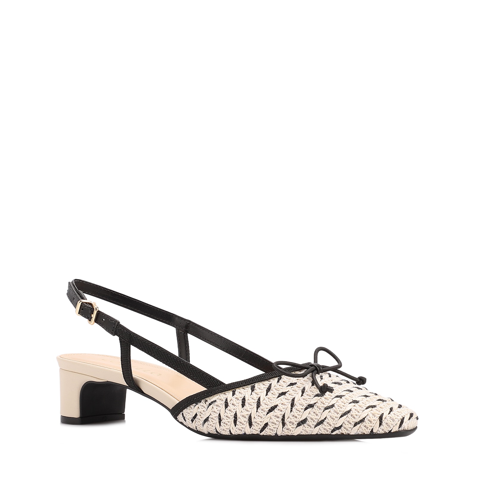 Scarpin Off White Salto Bloco Baixo Alt Ráfia Slingback Bicolor Laço