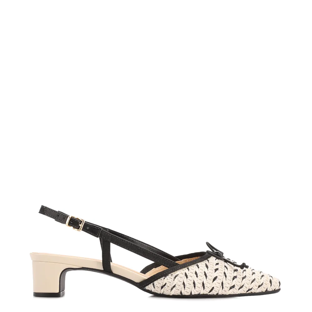 Scarpin Off White Salto Bloco Baixo Alt Ráfia Slingback Bicolor Laço - imagem 3