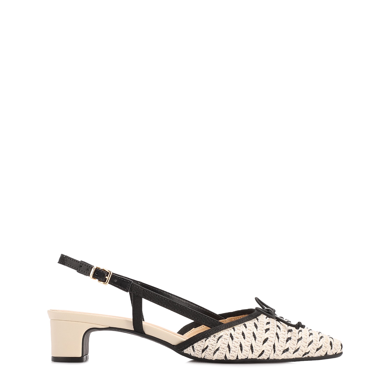 Scarpin Off White Salto Bloco Baixo Alt Ráfia Slingback Bicolor Laço