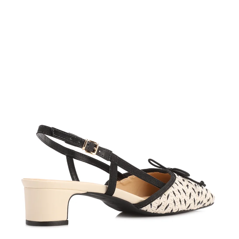 Scarpin Off White Salto Bloco Baixo Alt Ráfia Slingback Bicolor Laço - imagem 4
