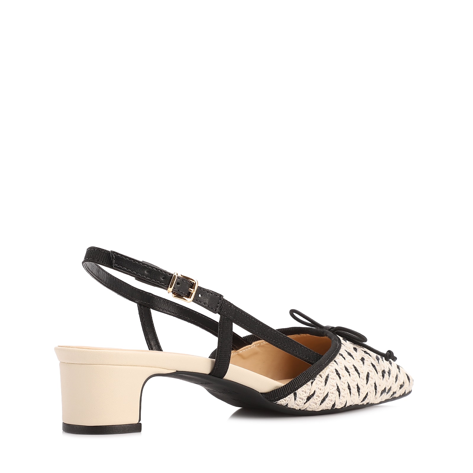 Scarpin Off White Salto Bloco Baixo Alt Ráfia Slingback Bicolor Laço