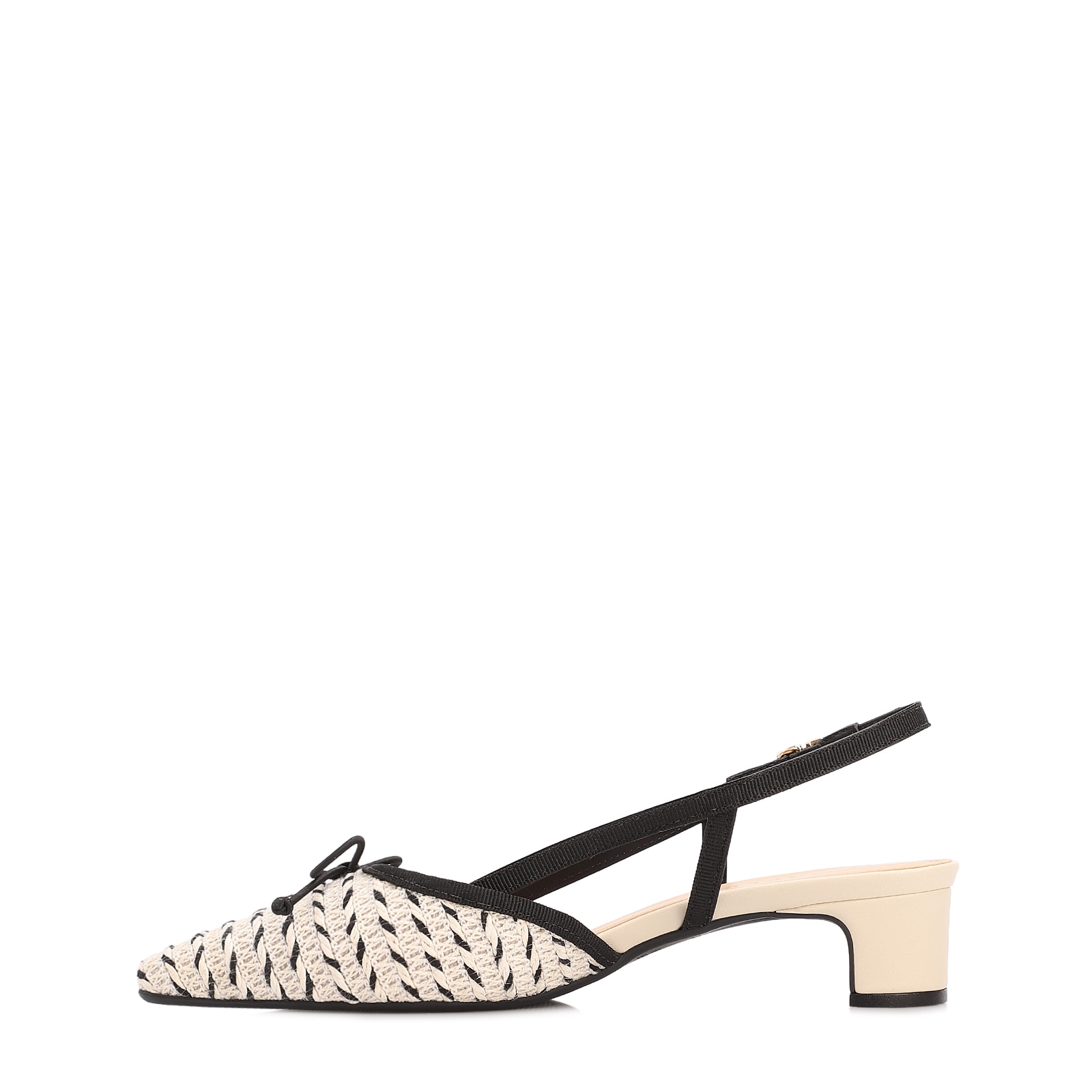 Scarpin Off White Salto Bloco Baixo Alt Ráfia Slingback Bicolor Laço