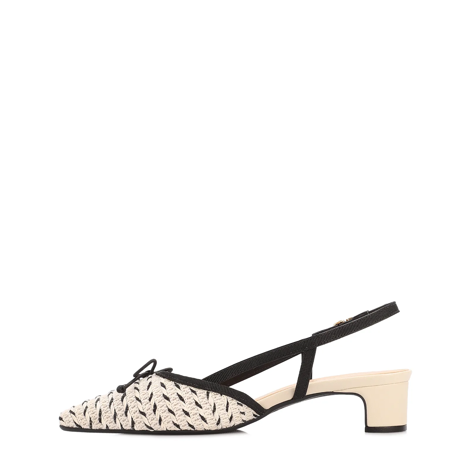 Scarpin Off White Salto Bloco Baixo Alt Ráfia Slingback Bicolor Laço