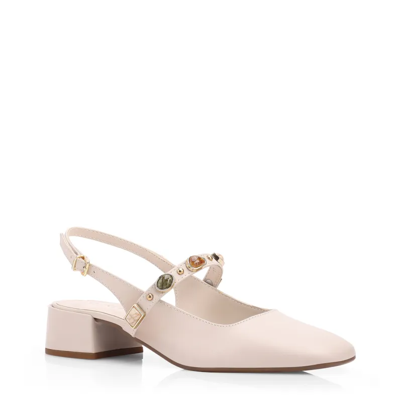 Scarpin Off White Salto Bloco Baixo Couro Slingback Pedras