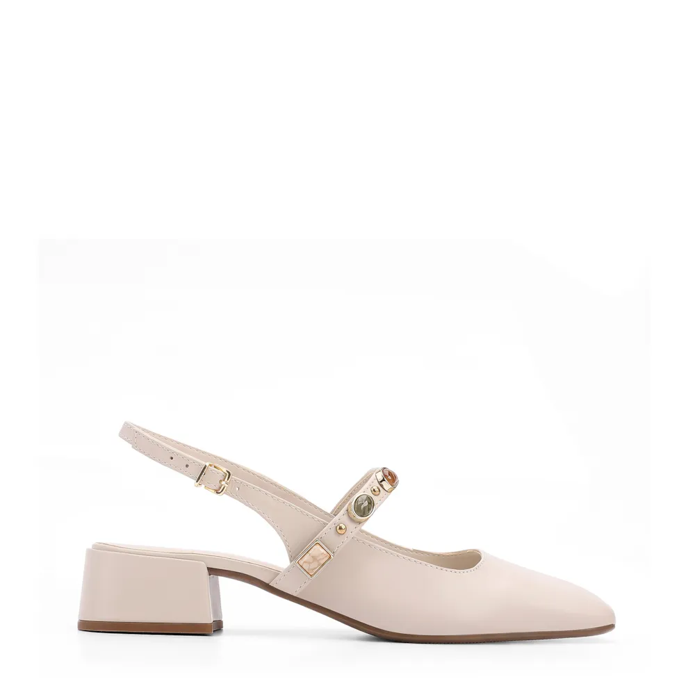 Scarpin Off White Salto Bloco Baixo Couro Slingback Pedras - imagem 2