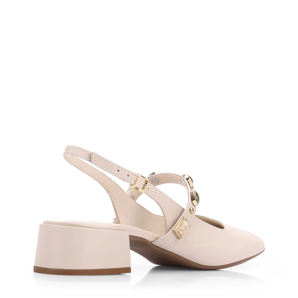 Scarpin Off White Salto Bloco Baixo Couro Slingback Pedras - imagem 3