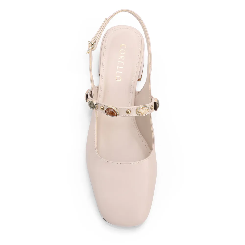 Scarpin Off White Salto Bloco Baixo Couro Slingback Pedras - imagem 4