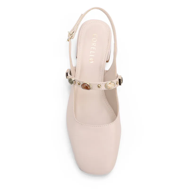 Scarpin Off White Salto Bloco Baixo Couro Slingback Pedras - foto 4