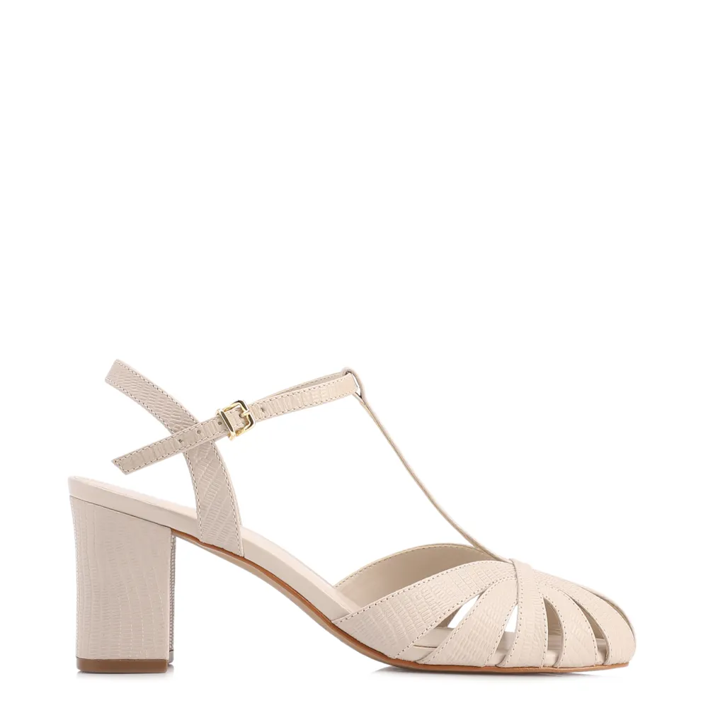 Scarpin Off White Salto Bloco Médio Couro Lezard Tiras - imagem 2