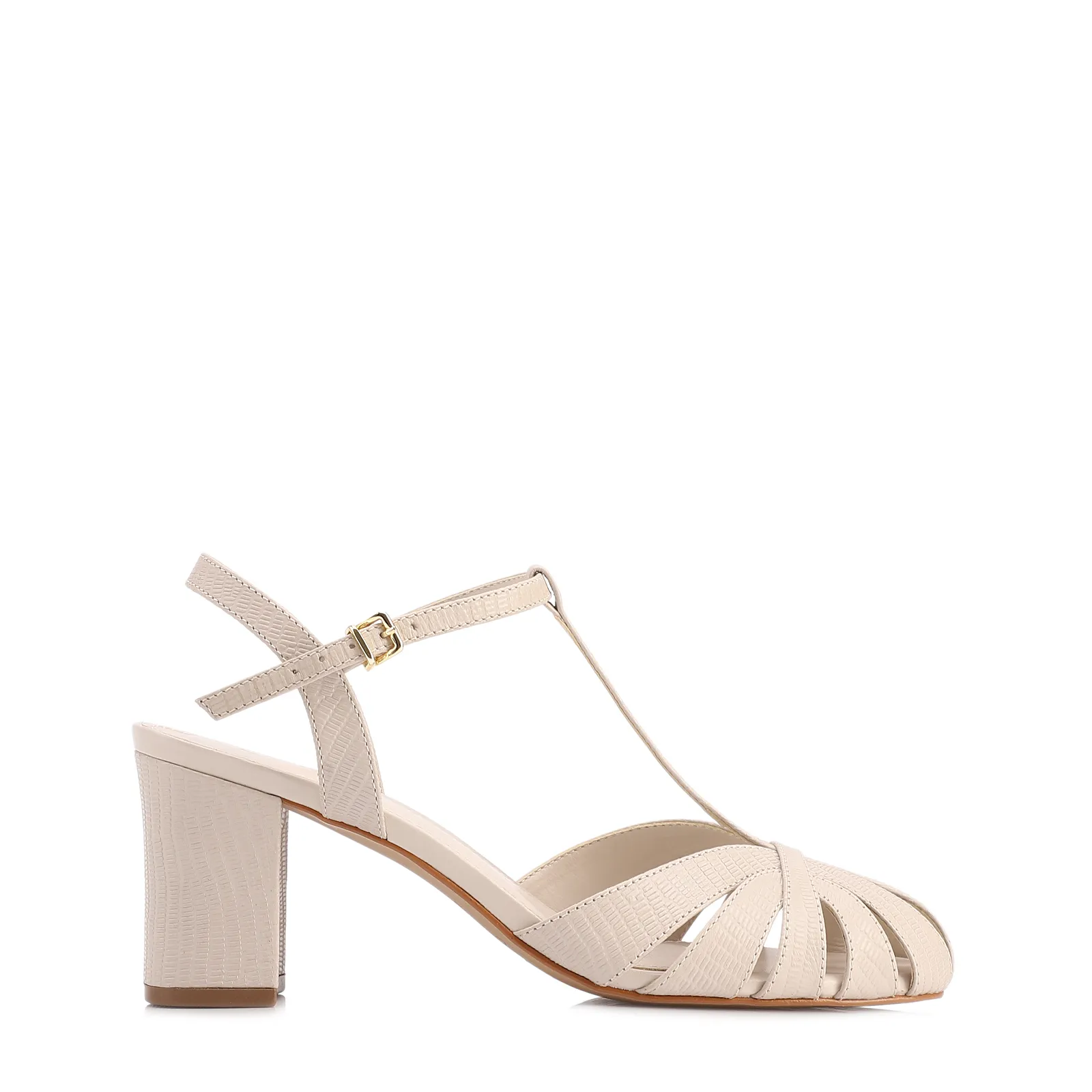 Scarpin Off White Salto Bloco Médio Couro Lezard Tiras