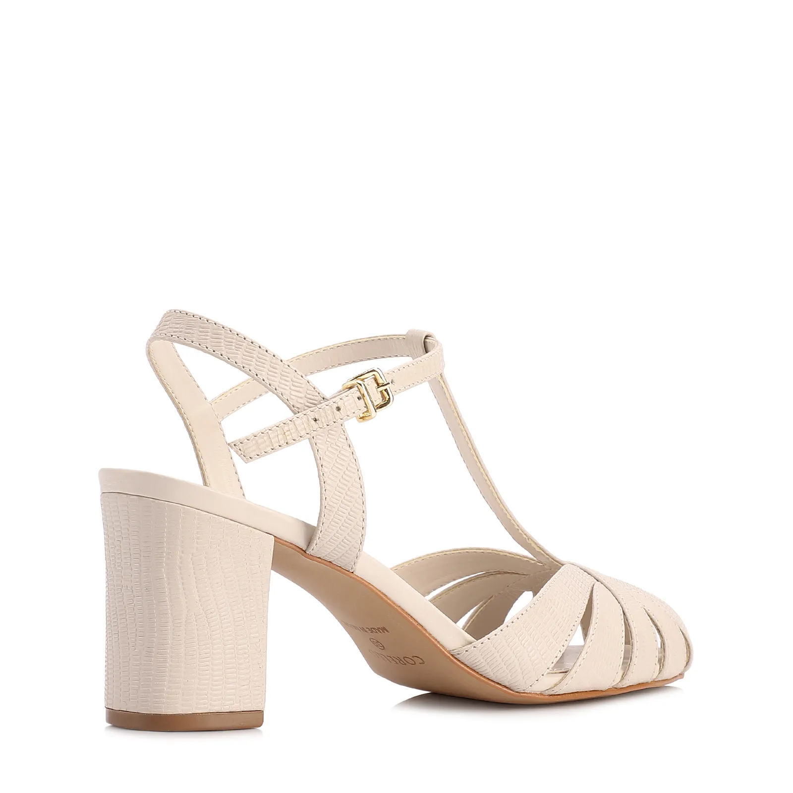 Scarpin Off White Salto Bloco Médio Couro Lezard Tiras