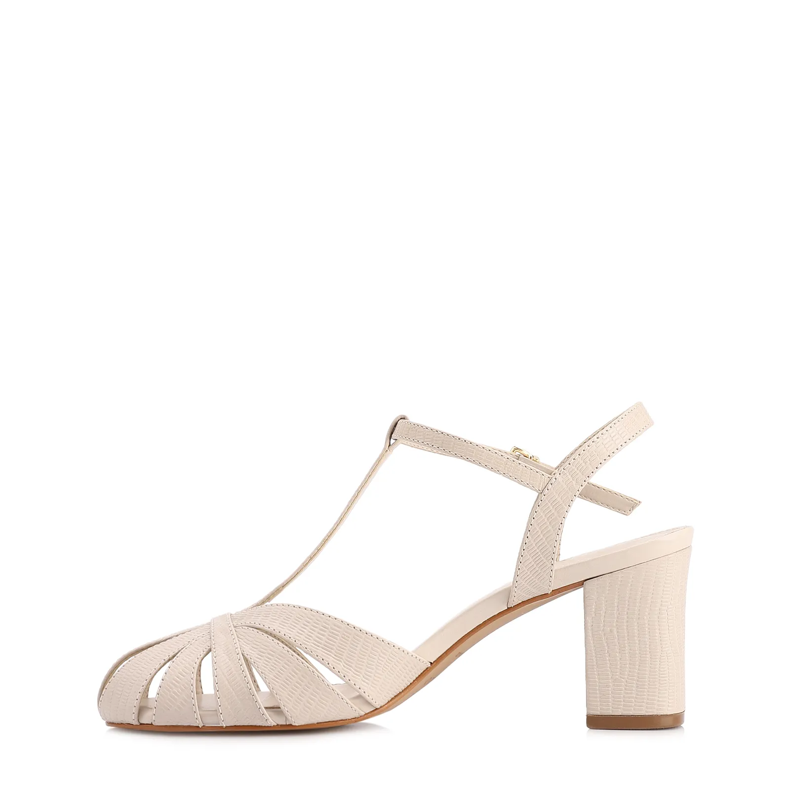 Scarpin Off White Salto Bloco Médio Couro Lezard Tiras