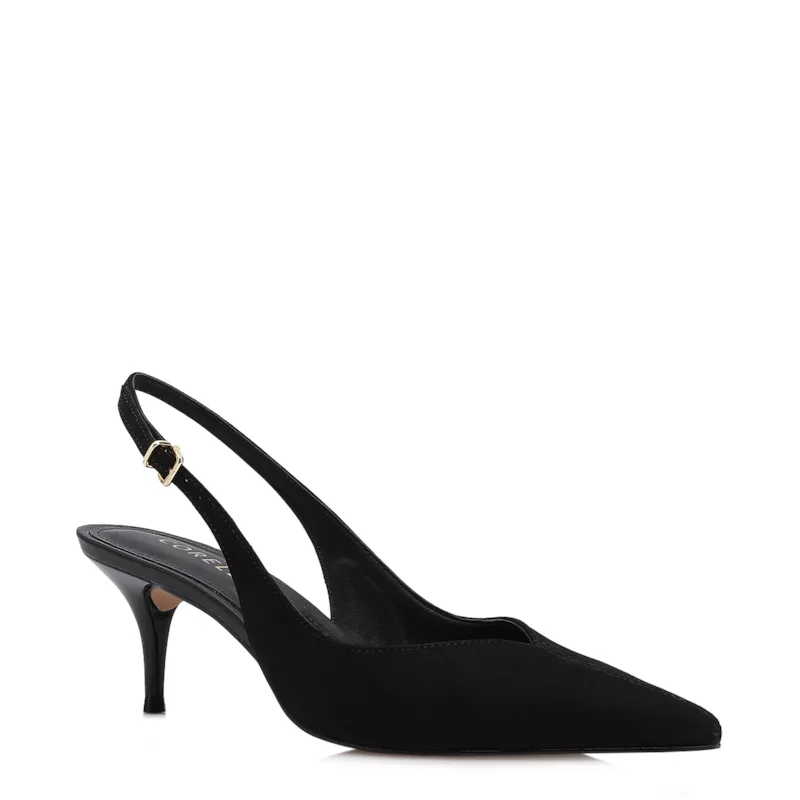 Scarpin Preto Salto Baixo Fino Couro Nobuck Slingback