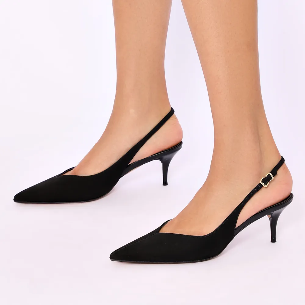 Scarpin Preto Salto Baixo Fino Couro Nobuck Slingback - imagem 2