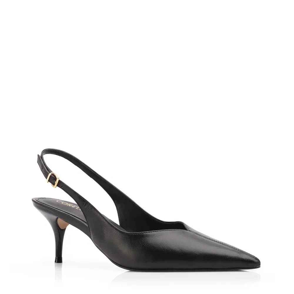 Scarpin Preto Salto Baixo Fino Couro Slingback