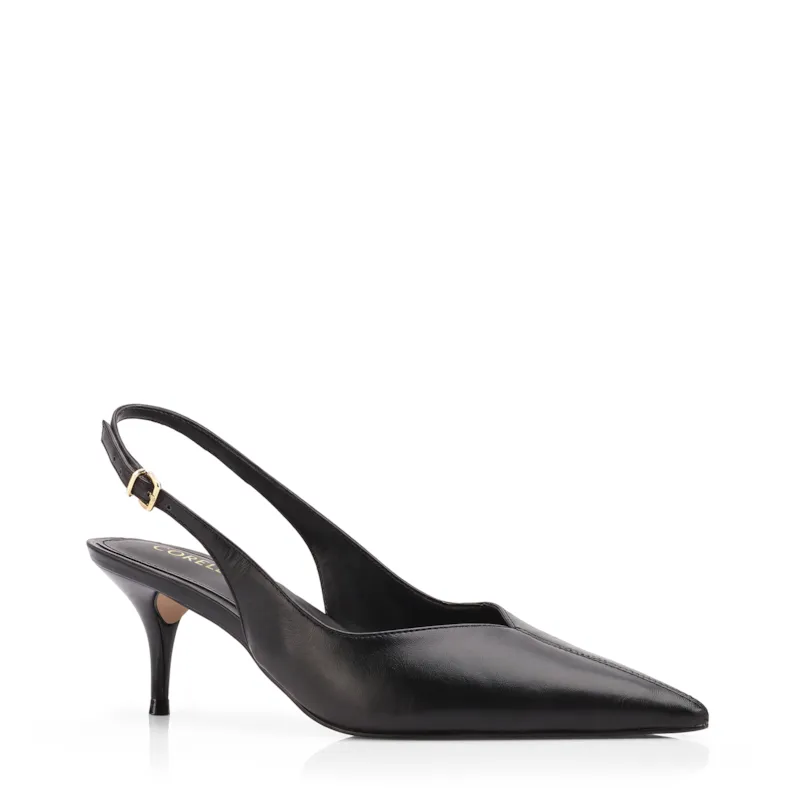 Scarpin Preto Salto Baixo Fino Couro Slingback