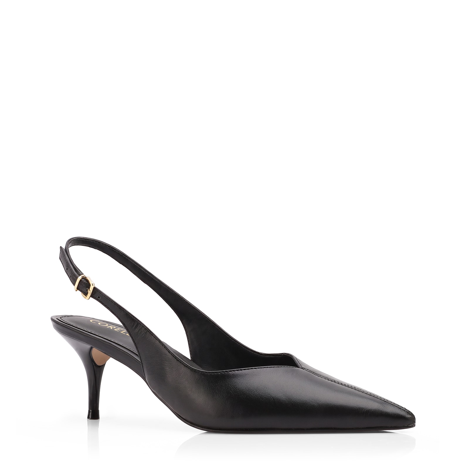 Scarpin Preto Salto Baixo Fino Couro Slingback