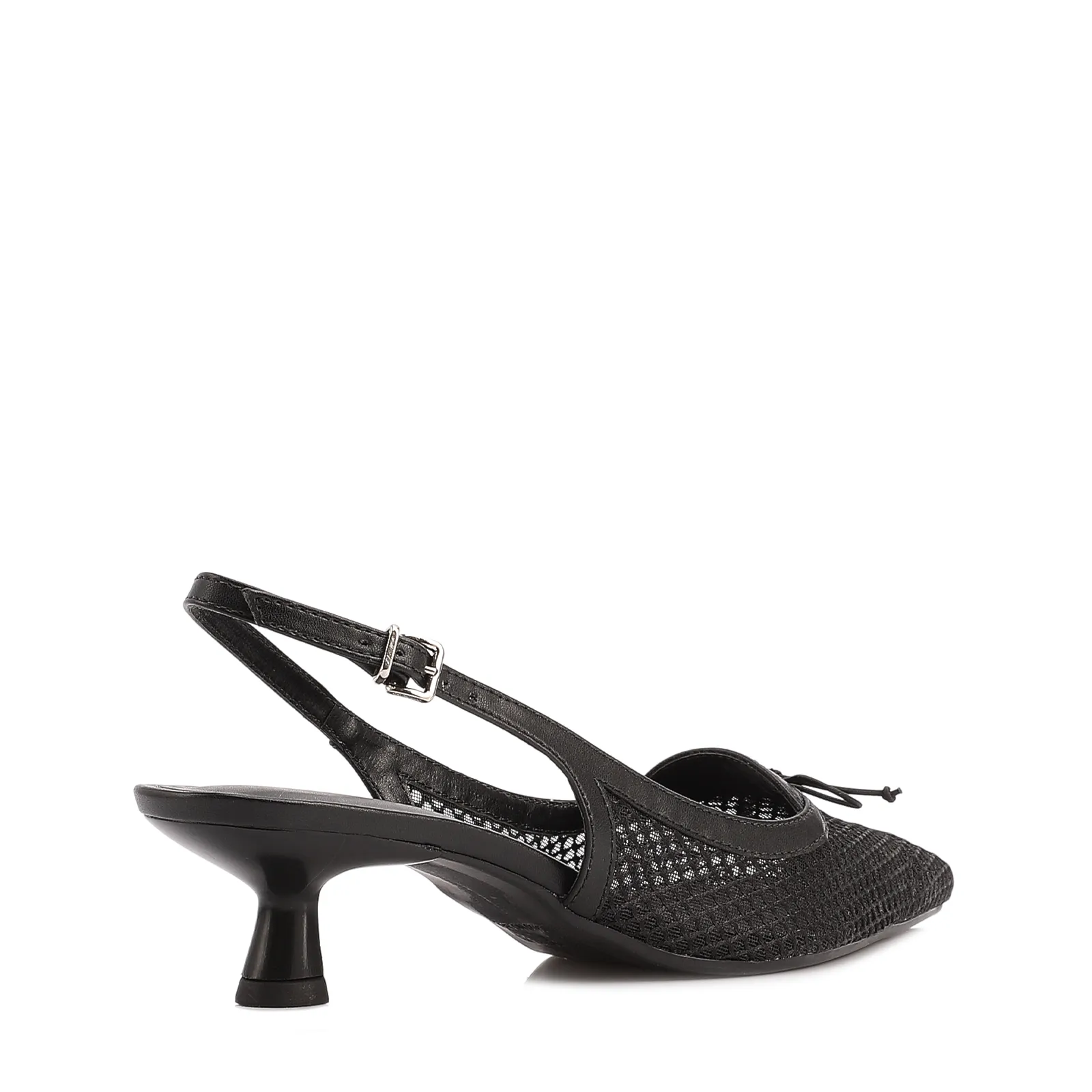 Scarpin Preto Salto Baixo Slingback Tela Alt Laço