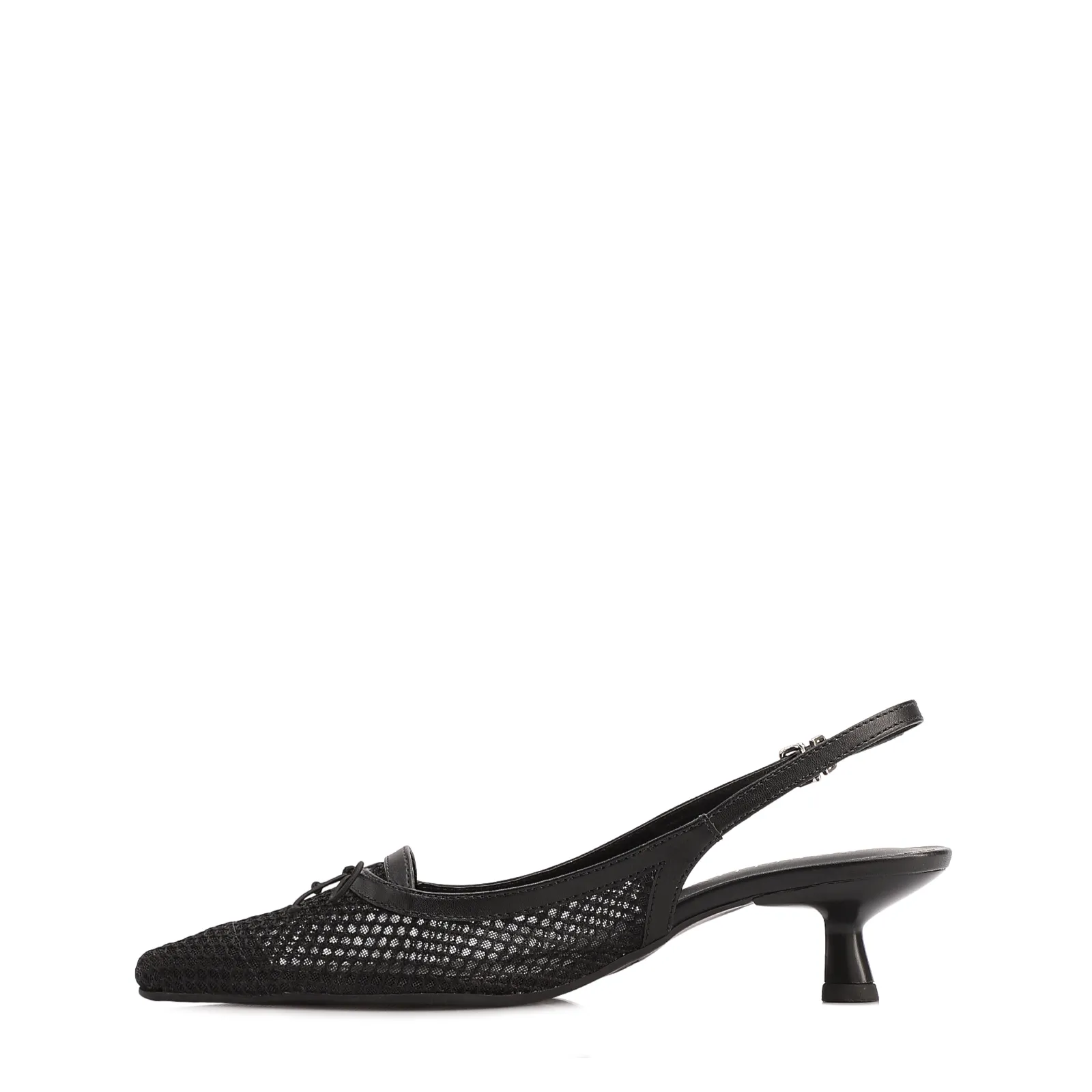 Scarpin Preto Salto Baixo Slingback Tela Alt Laço