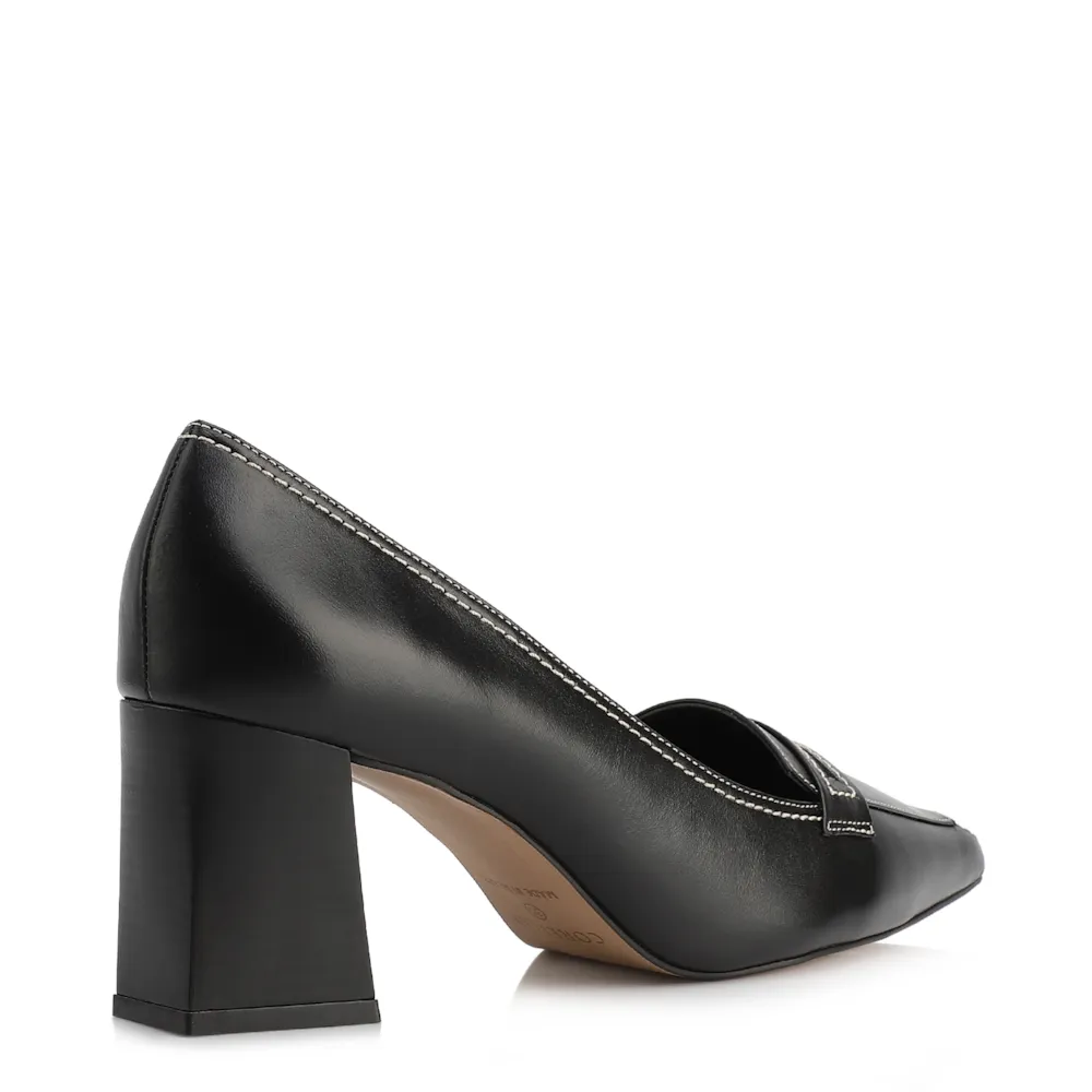 Scarpin Preto Salto Bloco Médio Couro Antique Bico Fino Pesponto - imagem 3