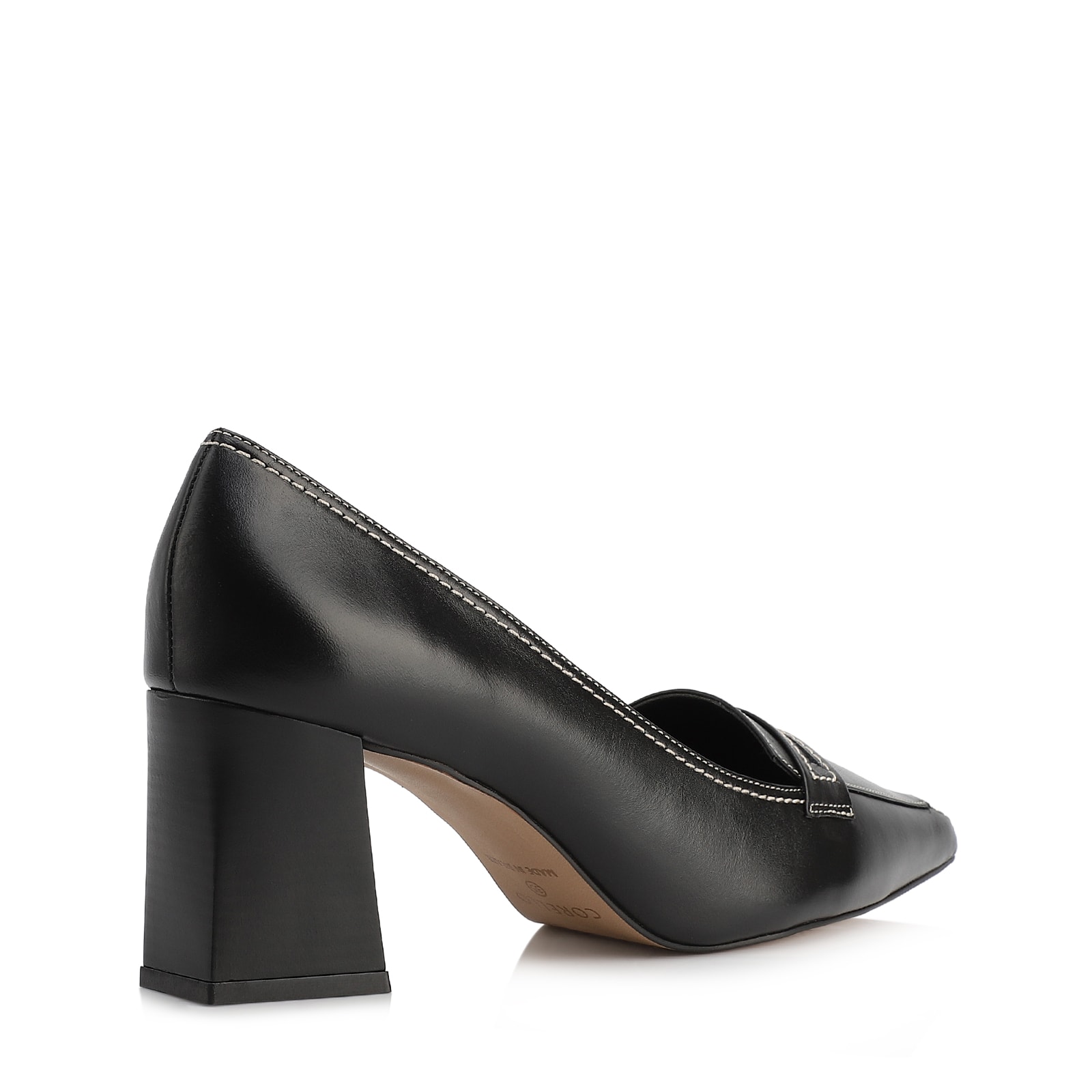 Scarpin Preto Salto Bloco Médio Couro Antique Bico Fino Pesponto