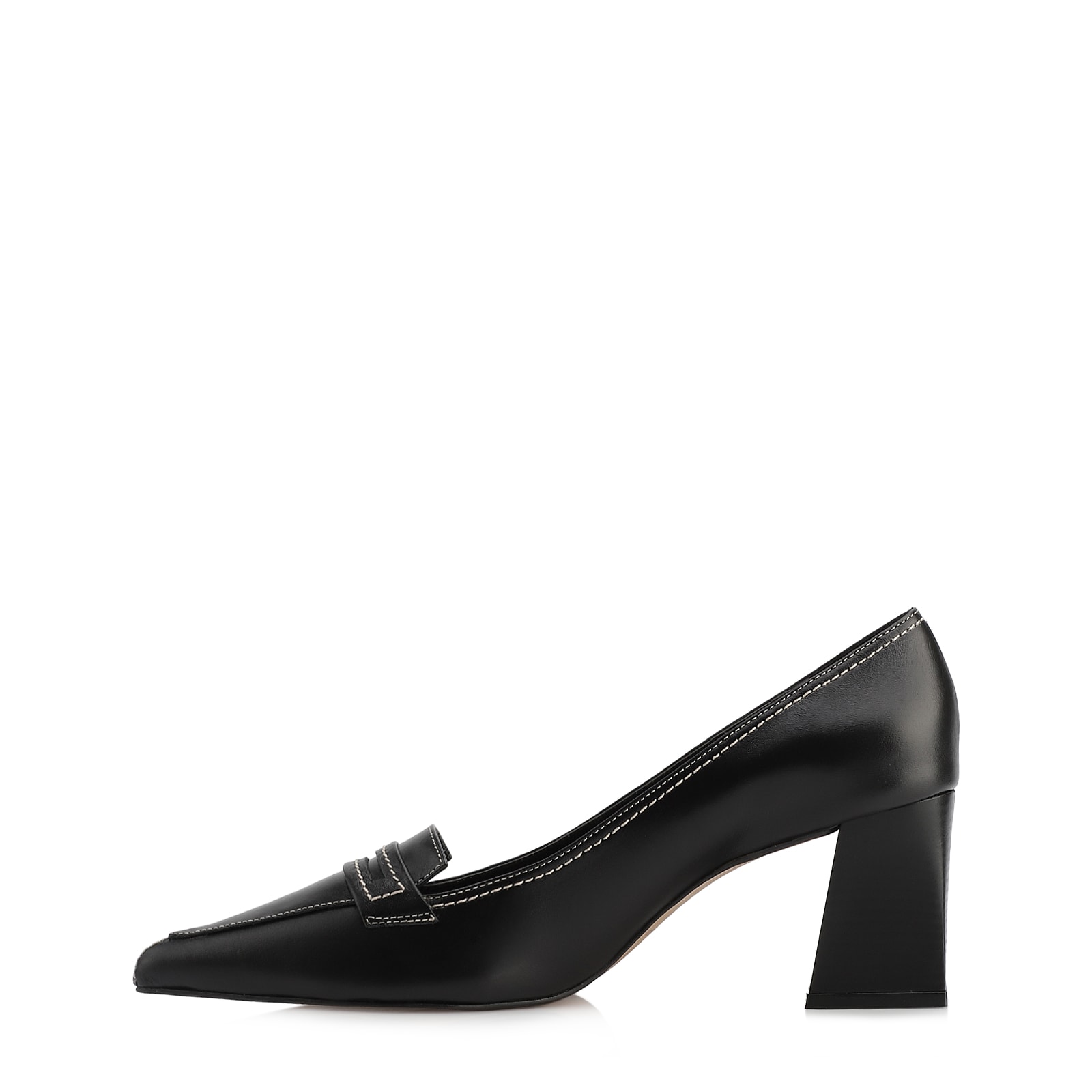 Scarpin Preto Salto Bloco Médio Couro Antique Bico Fino Pesponto