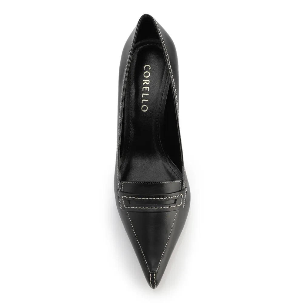 Scarpin Preto Salto Bloco Médio Couro Antique Bico Fino Pesponto - imagem 5