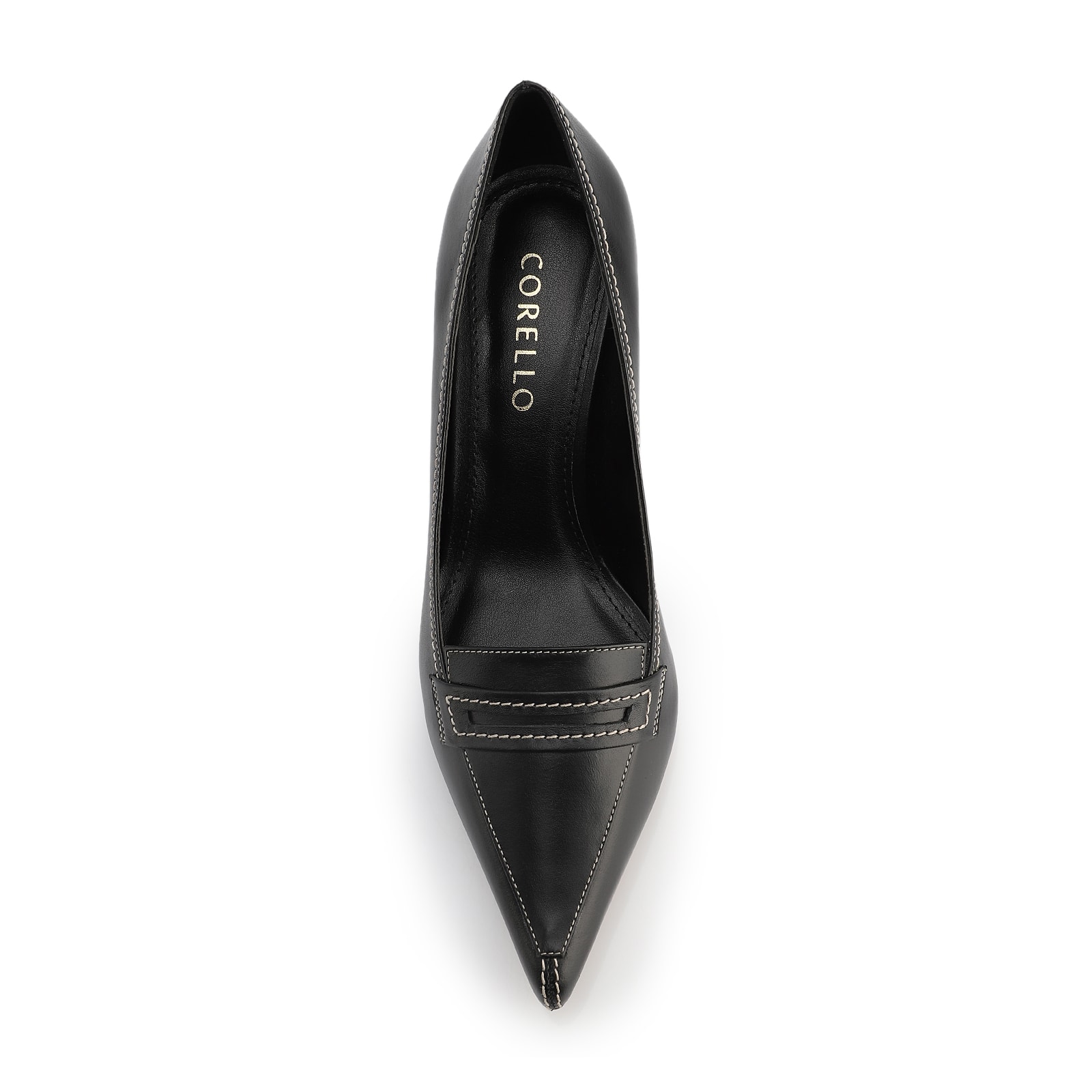 Scarpin Preto Salto Bloco Médio Couro Antique Bico Fino Pesponto