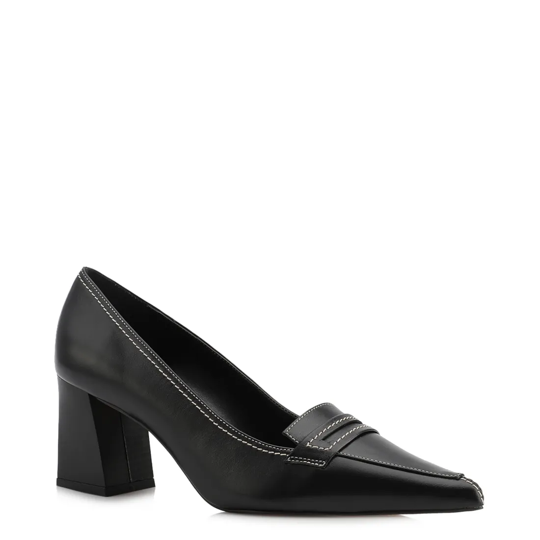 Scarpin Preto Salto Bloco Médio Couro Antique Bico Fino Pesponto