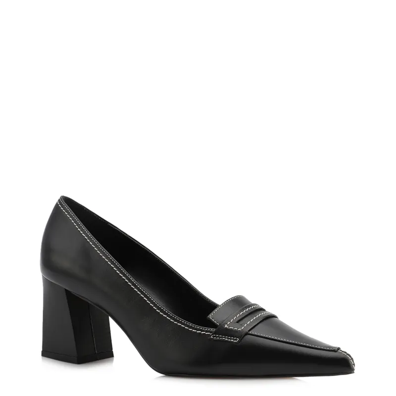 Scarpin Preto Salto Bloco Médio Couro Antique Bico Fino Pesponto