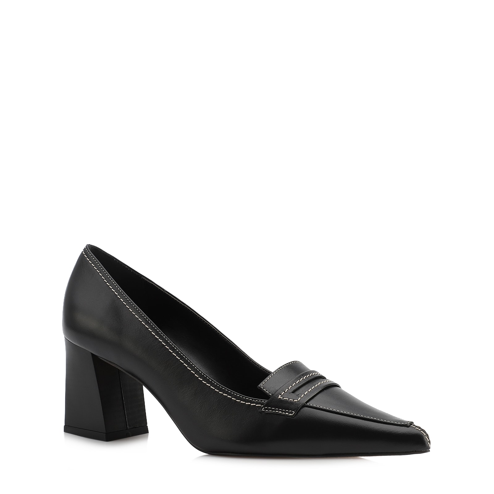Scarpin Preto Salto Bloco Médio Couro Antique Bico Fino Pesponto