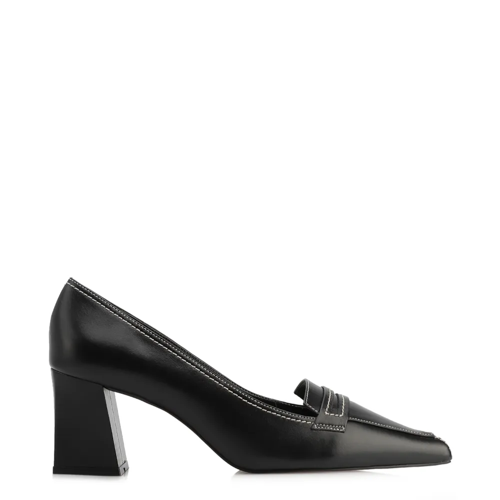 Scarpin Preto Salto Bloco Médio Couro Antique Bico Fino Pesponto - imagem 2