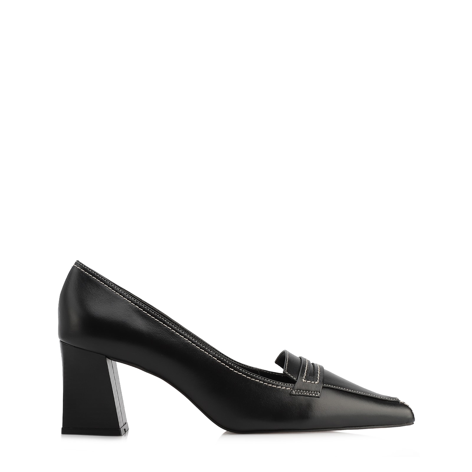 Scarpin Preto Salto Bloco Médio Couro Antique Bico Fino Pesponto