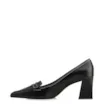 Scarpin Preto Salto Bloco Médio Couro Antique Bico Fino Pesponto - imagem 4