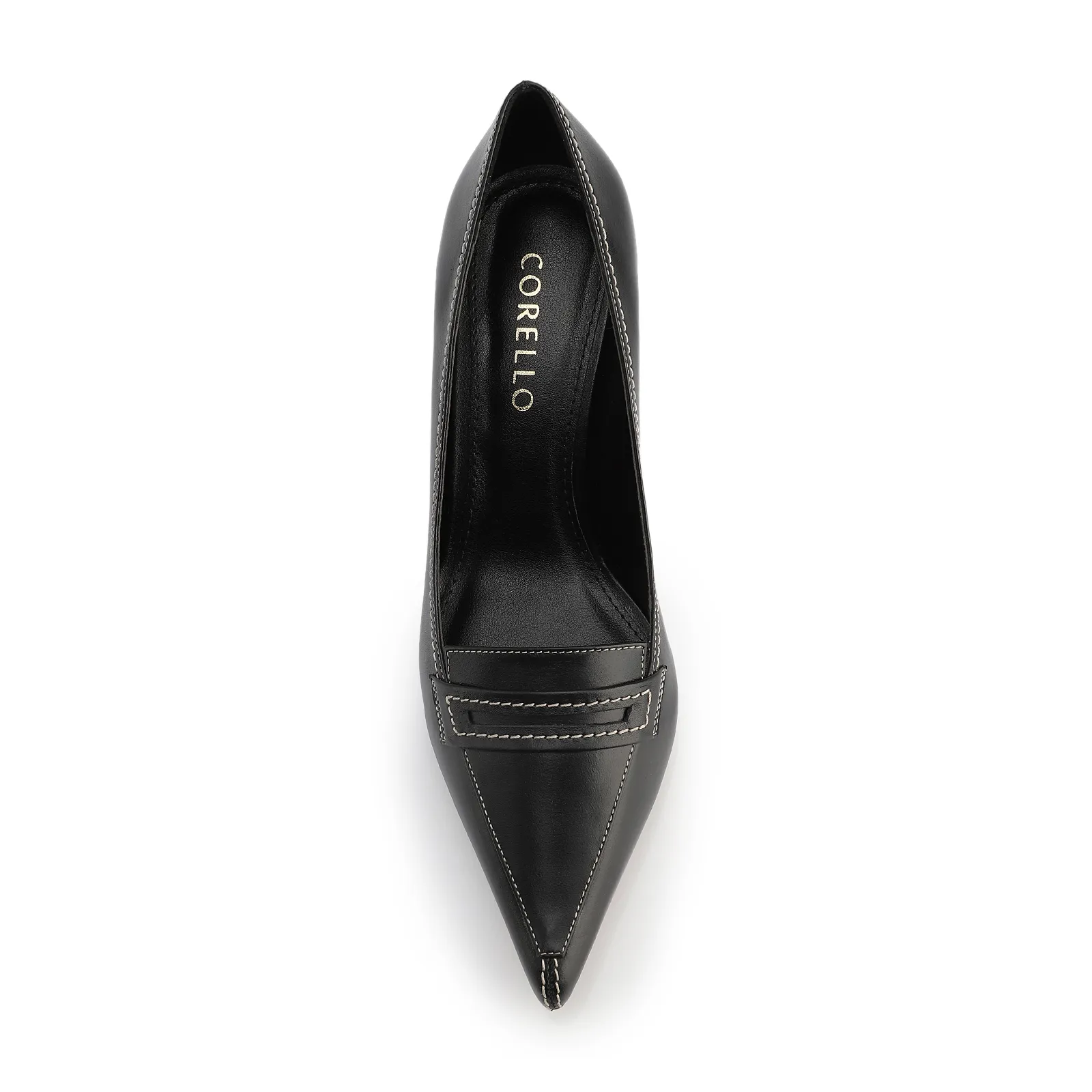 Scarpin Preto Salto Bloco Médio Couro Antique Bico Fino Pesponto