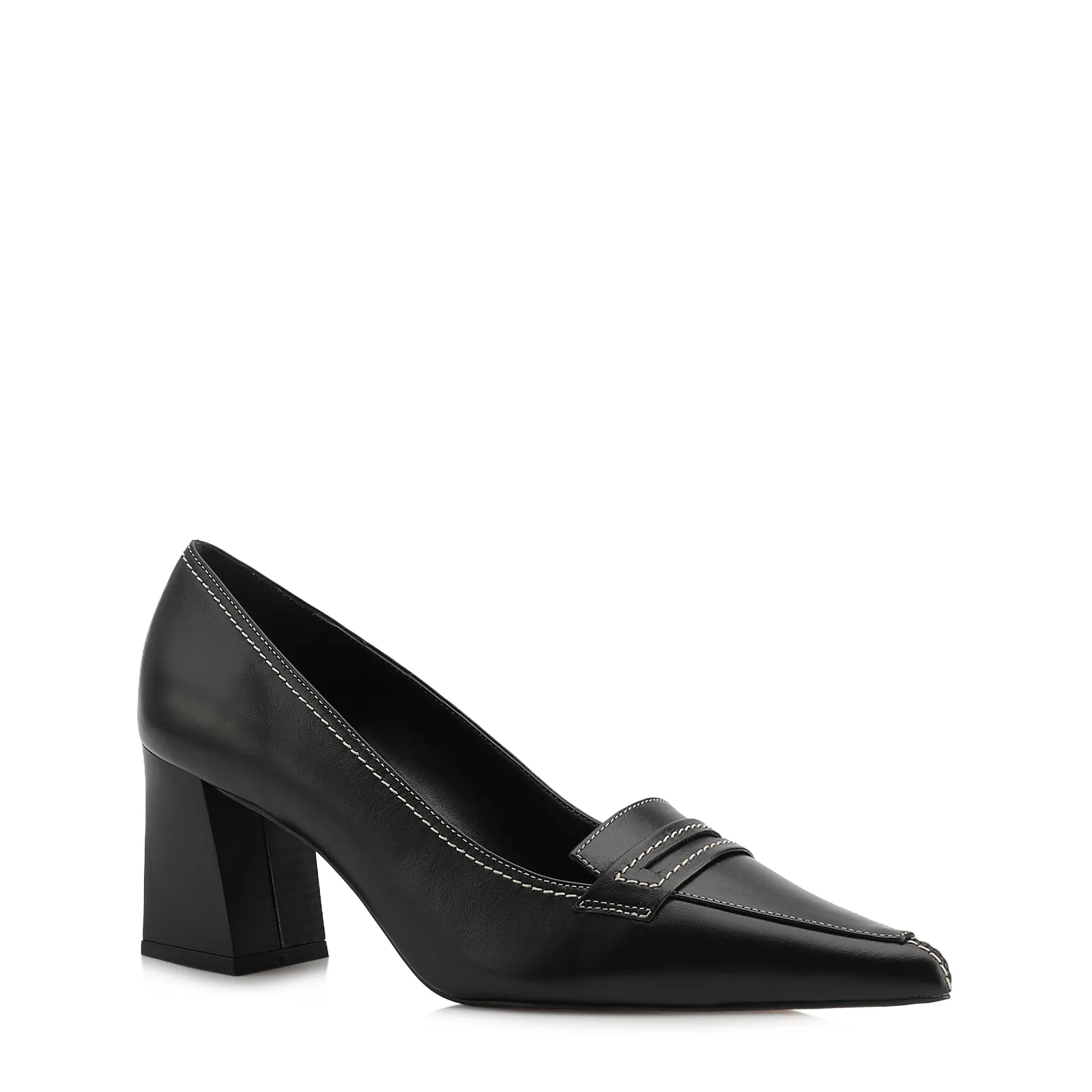 Scarpin Preto Salto Bloco Médio Couro Antique Bico Fino Pesponto