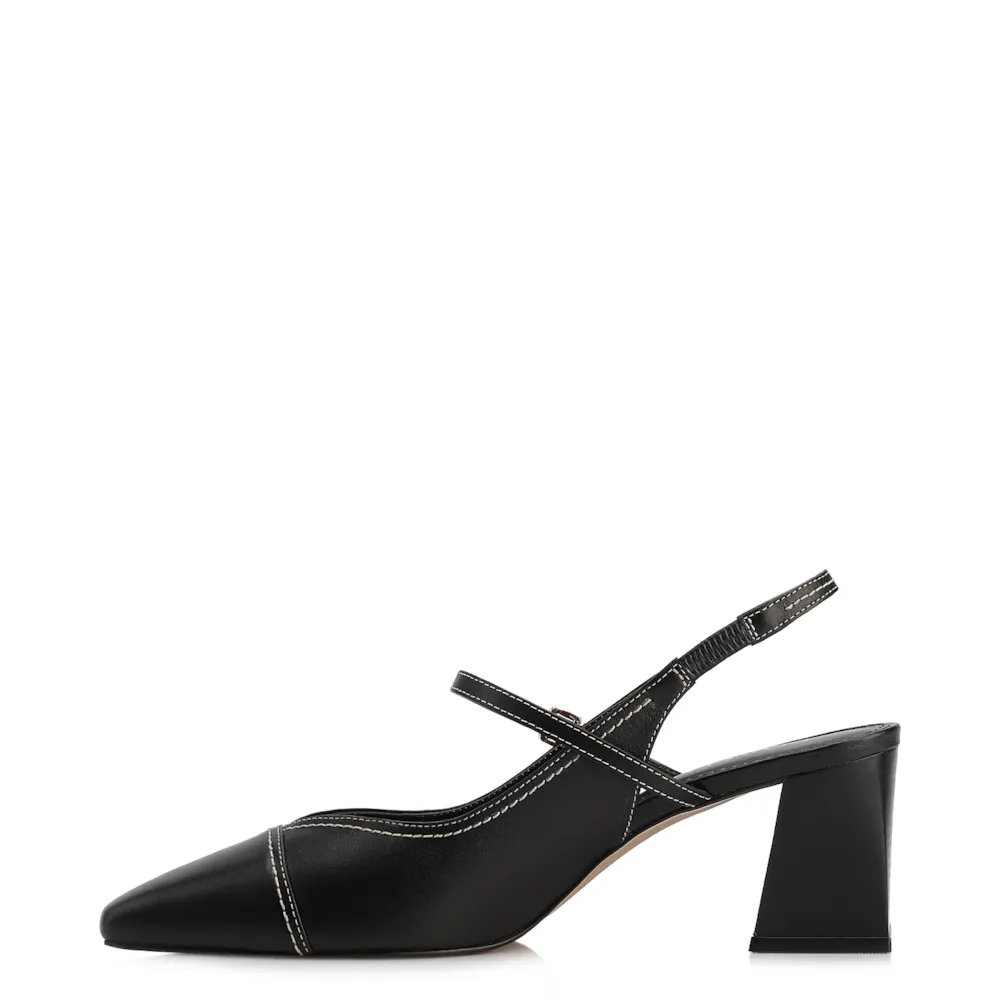Scarpin Preto Salto Bloco Médio Couro Pesponto Slingback - imagem 4