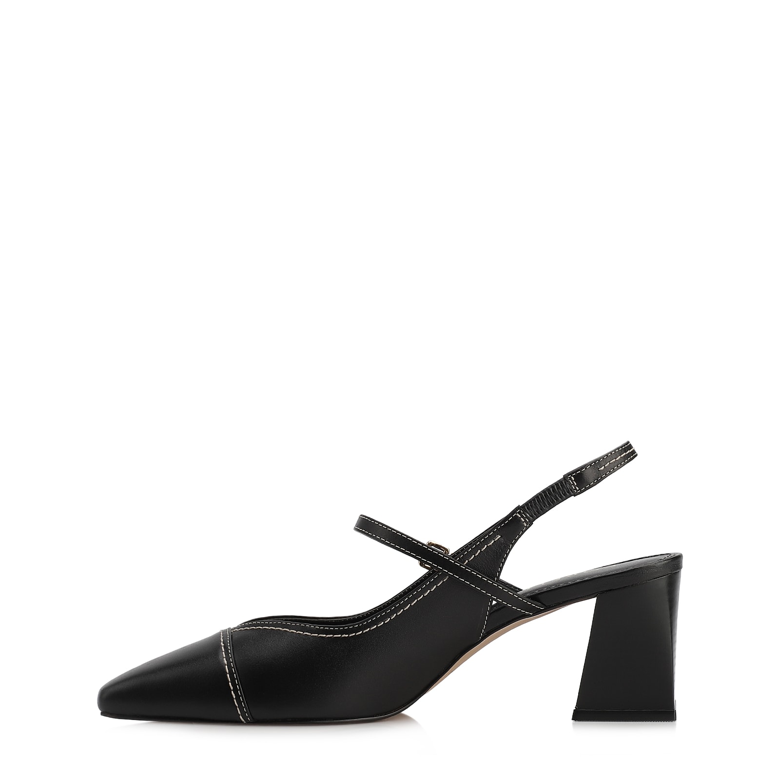 Scarpin Preto Salto Bloco Médio Couro Pesponto Slingback