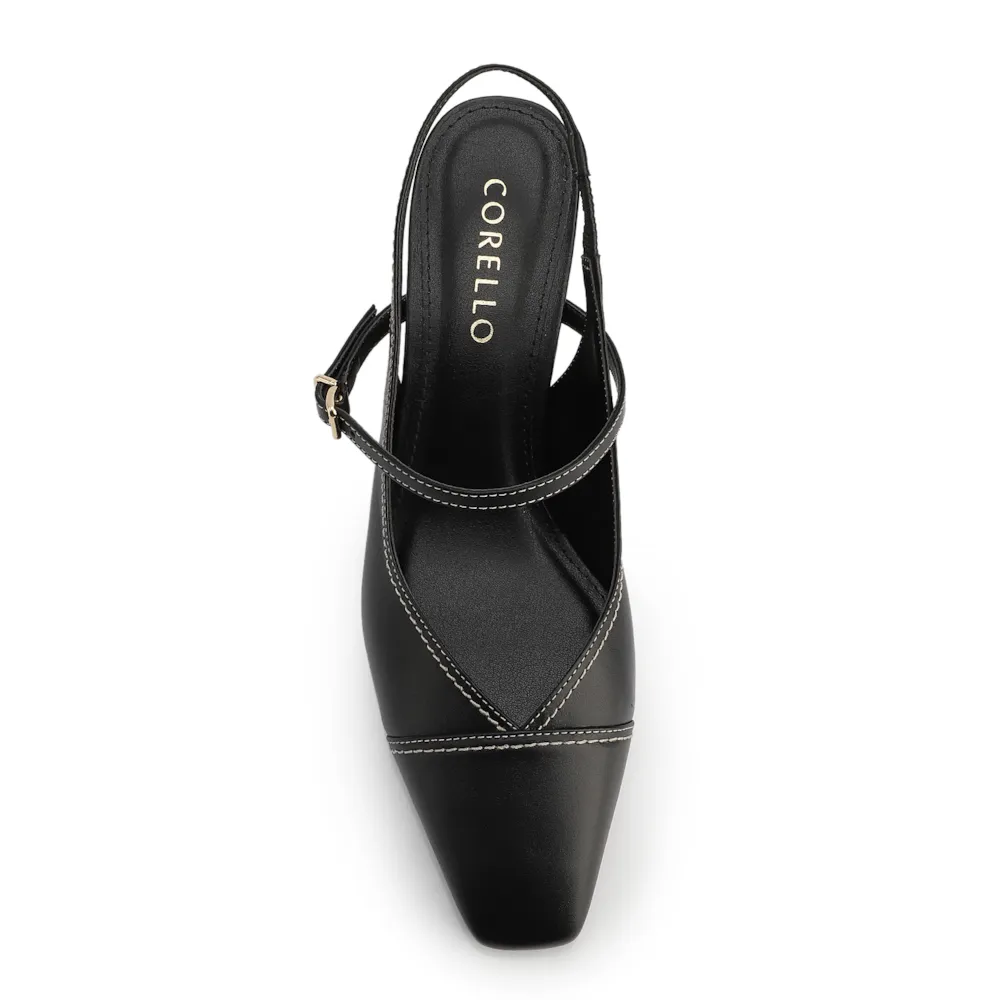 Scarpin Preto Salto Bloco Médio Couro Pesponto Slingback - imagem 5