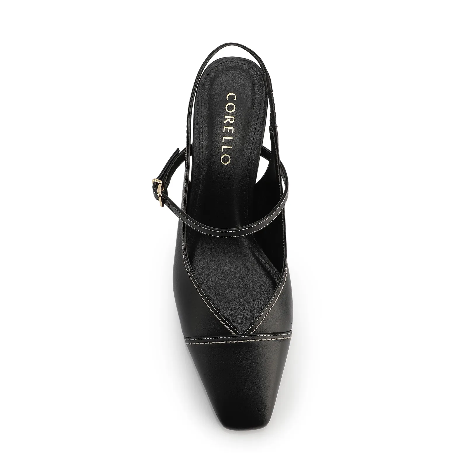 Scarpin Preto Salto Bloco Médio Couro Pesponto Slingback
