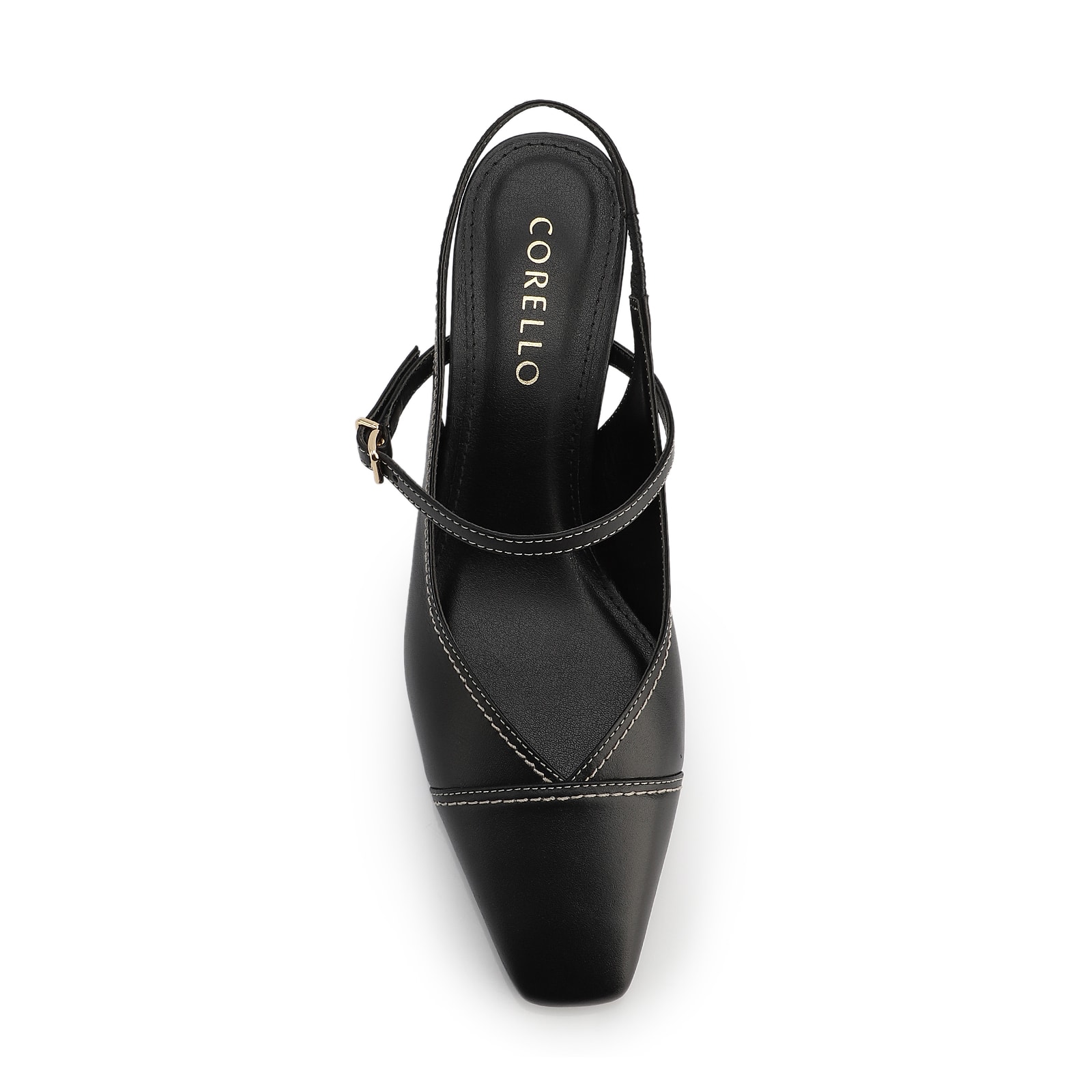 Scarpin Preto Salto Bloco Médio Couro Pesponto Slingback