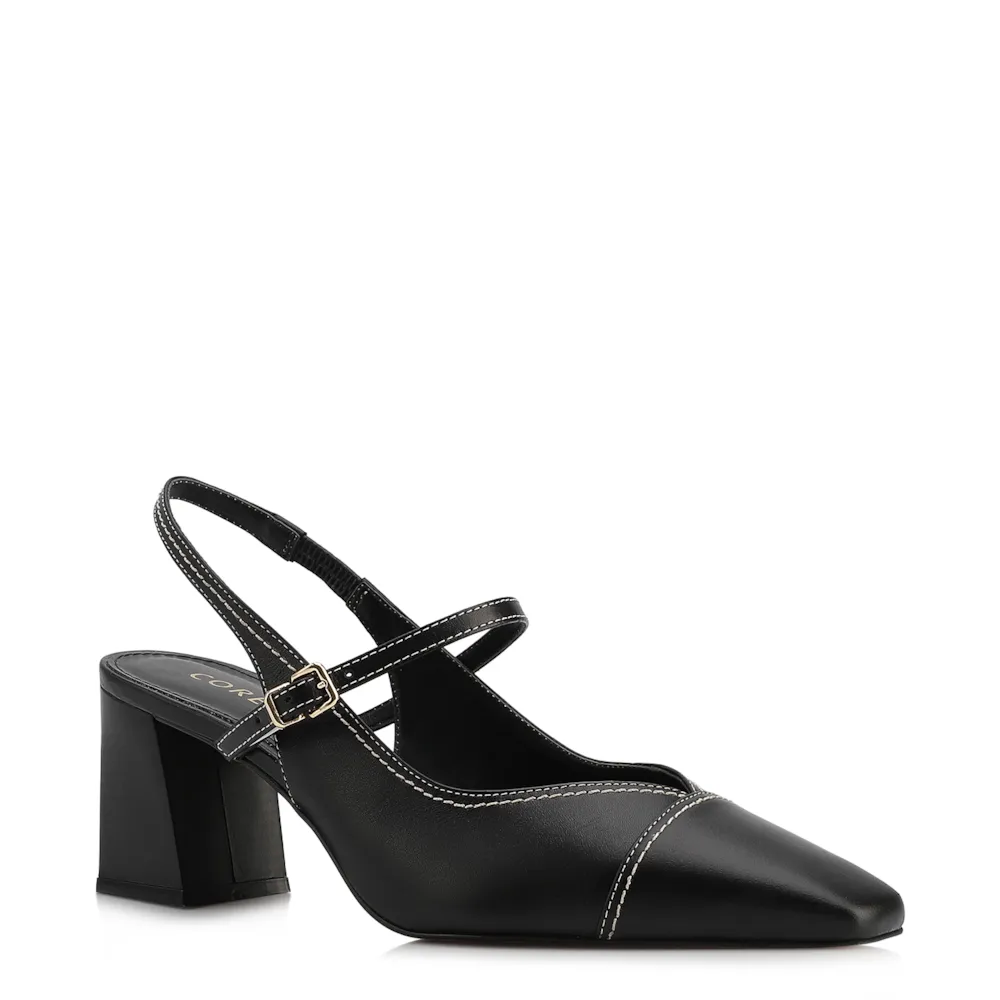 Scarpin Preto Salto Bloco Médio Couro Pesponto Slingback