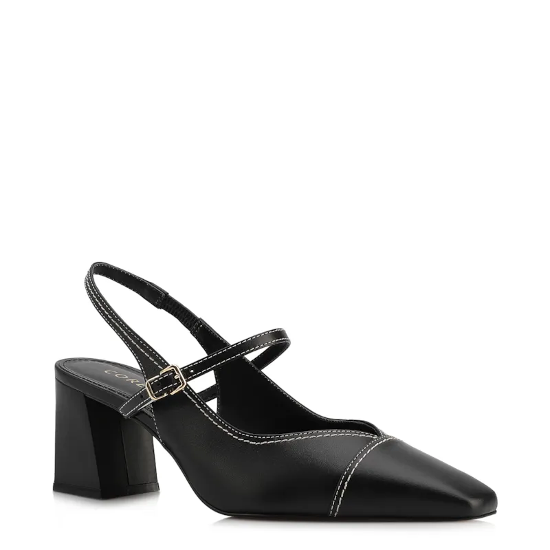 Scarpin Preto Salto Bloco Médio Couro Pesponto Slingback