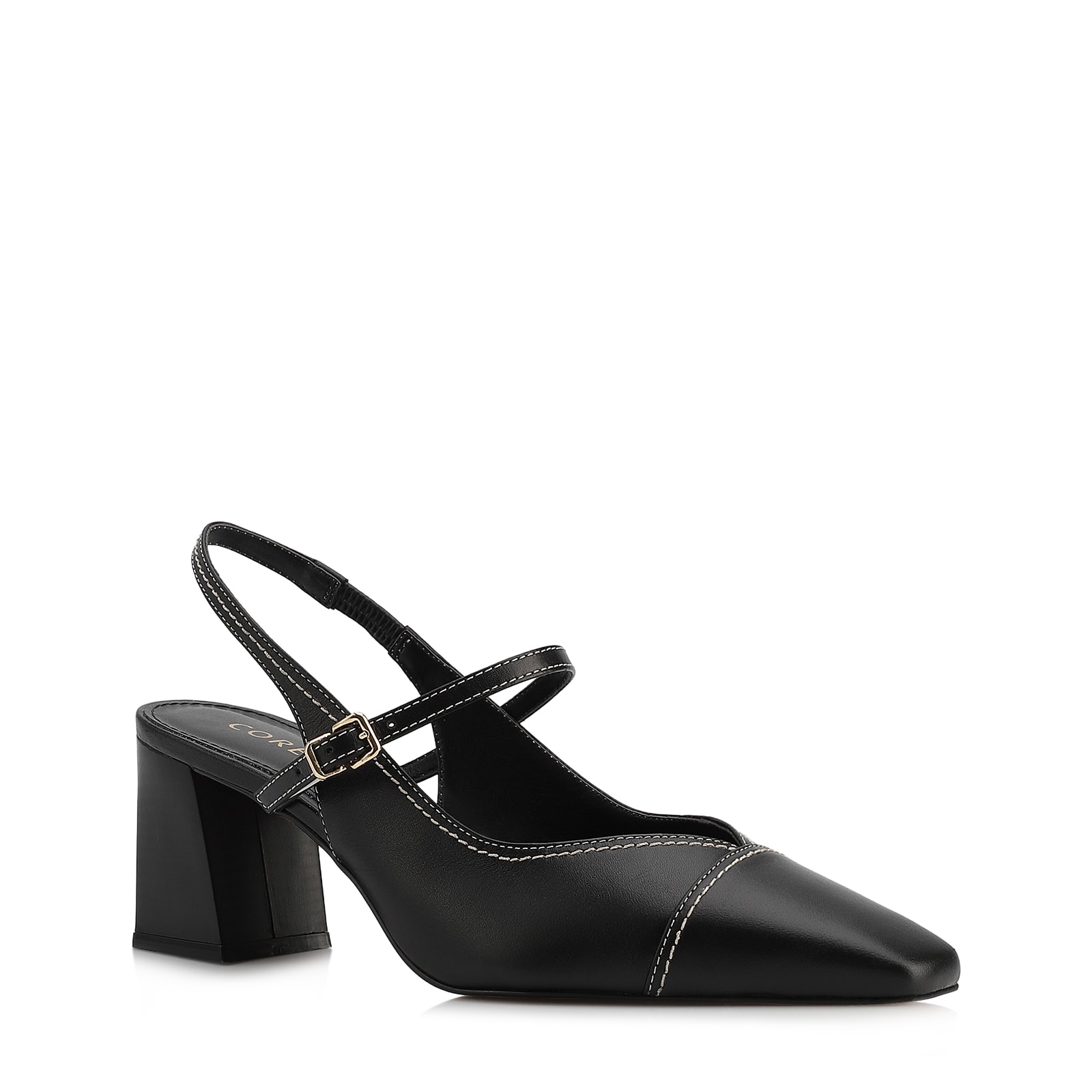 Scarpin Preto Salto Bloco Médio Couro Pesponto Slingback