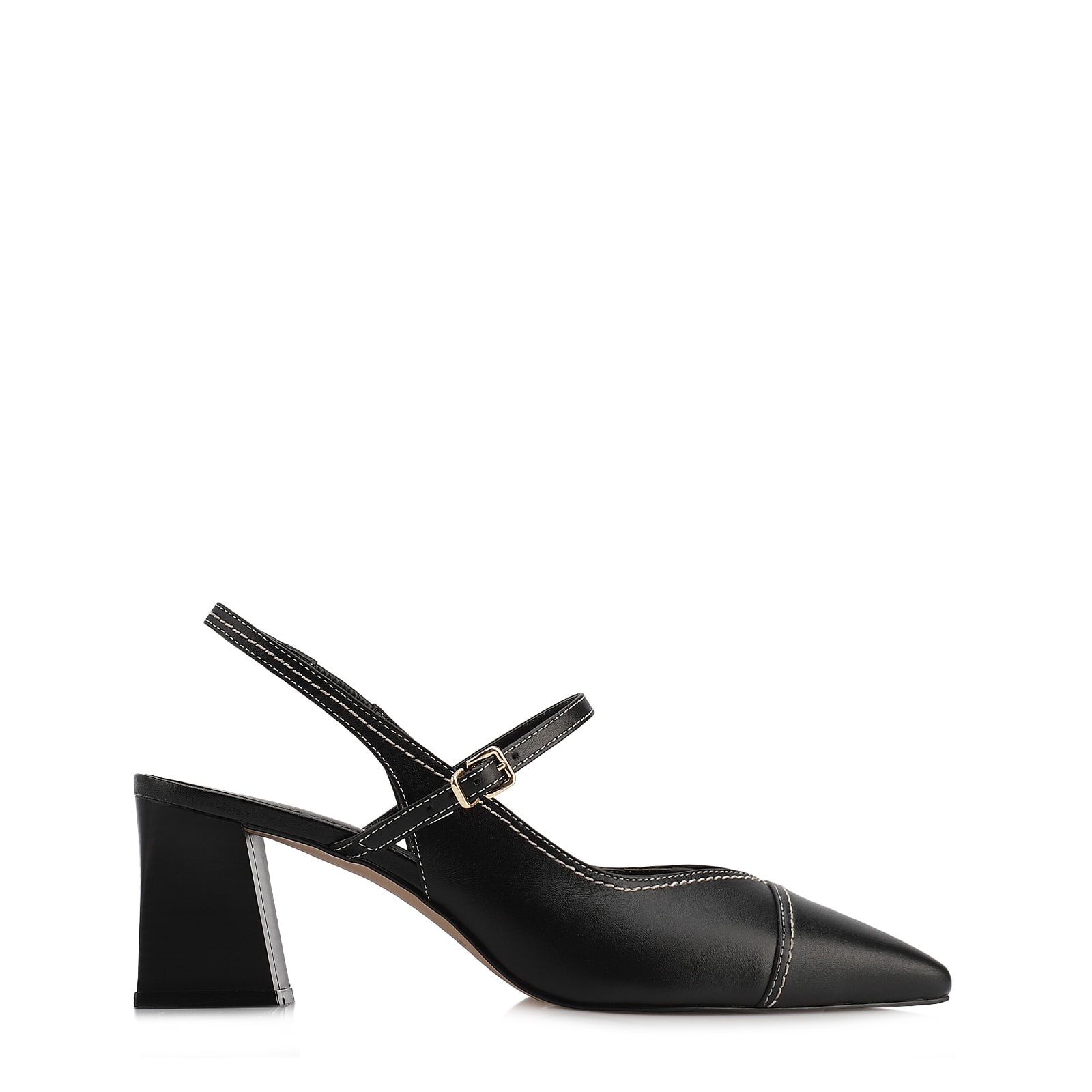 Scarpin Preto Salto Bloco Médio Couro Pesponto Slingback