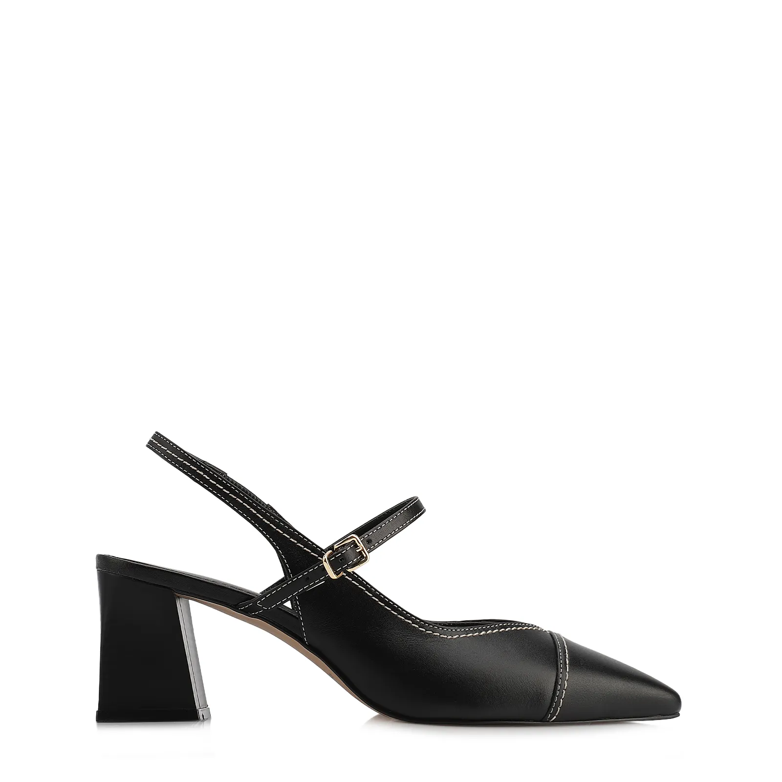 Scarpin Preto Salto Bloco Médio Couro Pesponto Slingback