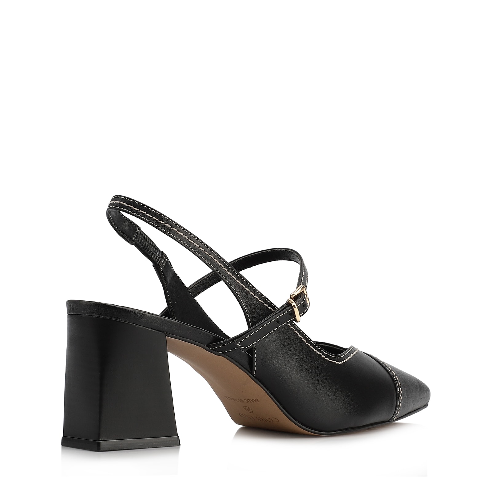 Scarpin Preto Salto Bloco Médio Couro Pesponto Slingback